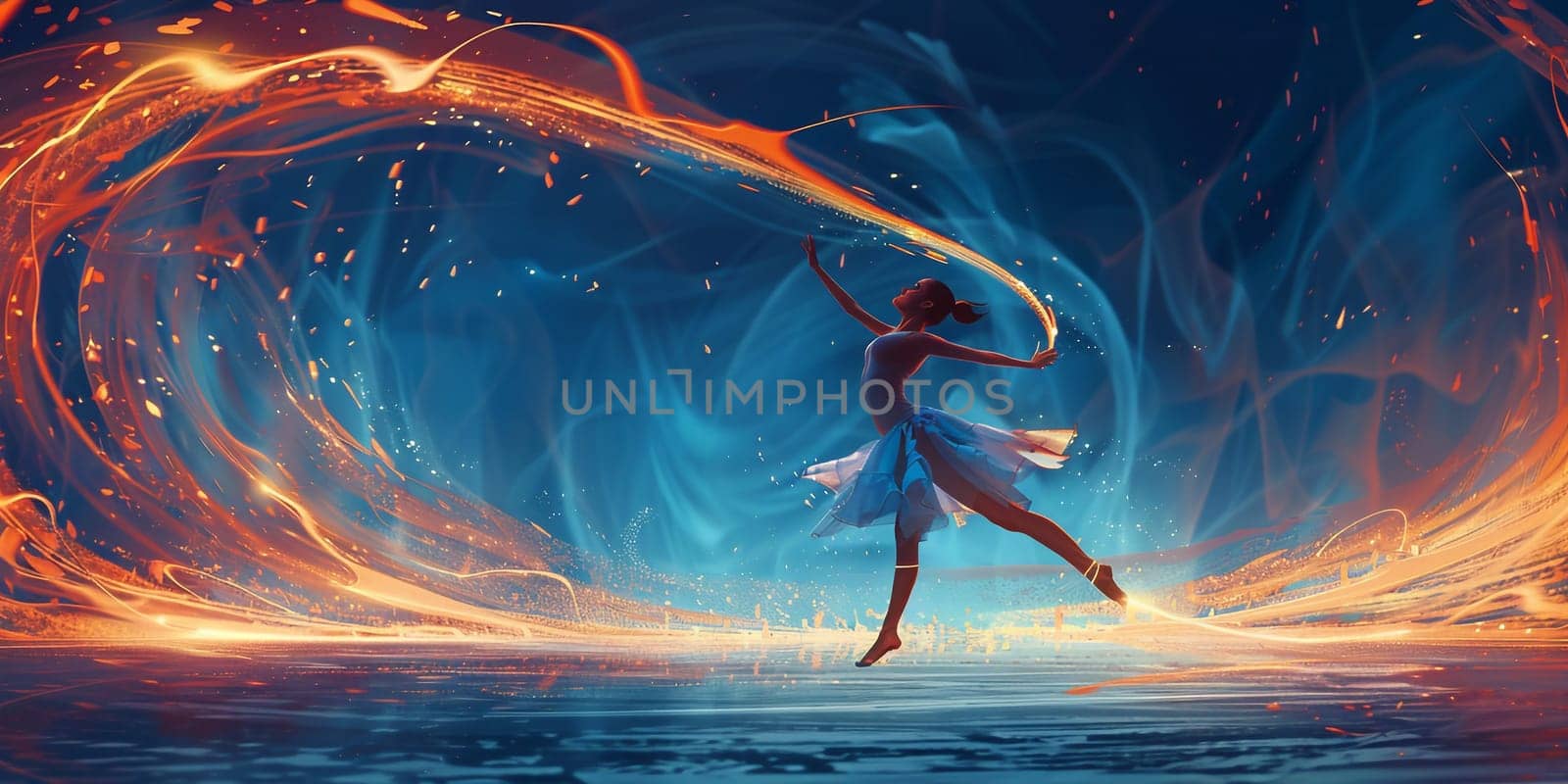 Portrait of a young ballerina on pointe shoes in a white tutu against background of bright neon lights. A young graceful ballet dancer in graceful pose. Silhouette. Ballet school poster. High quality photo