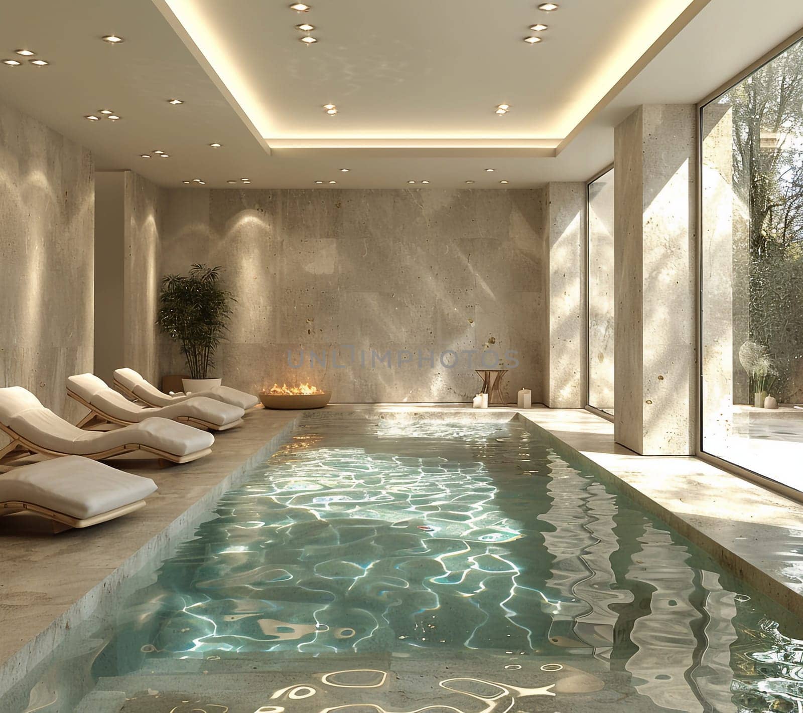 Relaxing indoor swimming pool with lighting and a corner for rest. Luxury resort swimming pool with beautiful clean blue water and light effects around the swimming pool. . High quality photo