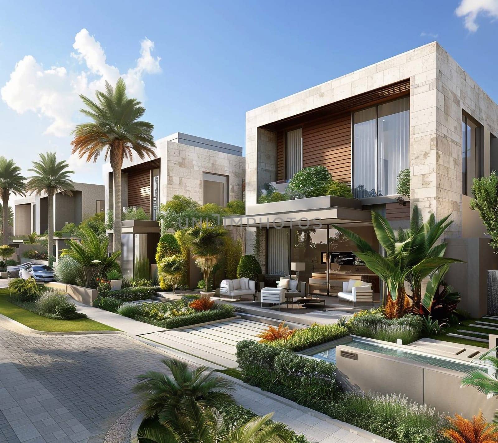 3D visualization of an elite house with a swimming pool. Beautiful facade of the house with a porcelain stoneware finish. Plot with landscaping. High quality photo