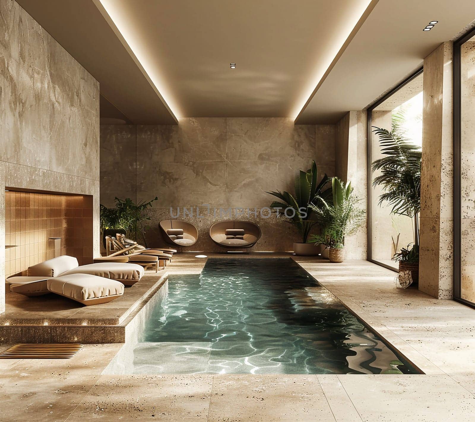 Relaxing indoor swimming pool with lighting and a corner for rest. Luxury resort swimming pool with beautiful clean blue water and light effects around the swimming pool. . High quality photo
