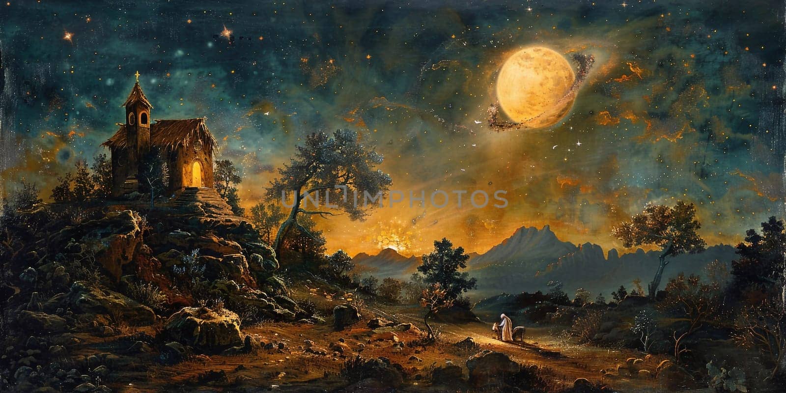 Nativity Of Jesus - Scene With The Holy Family With Comet At Sunrise . High quality photo