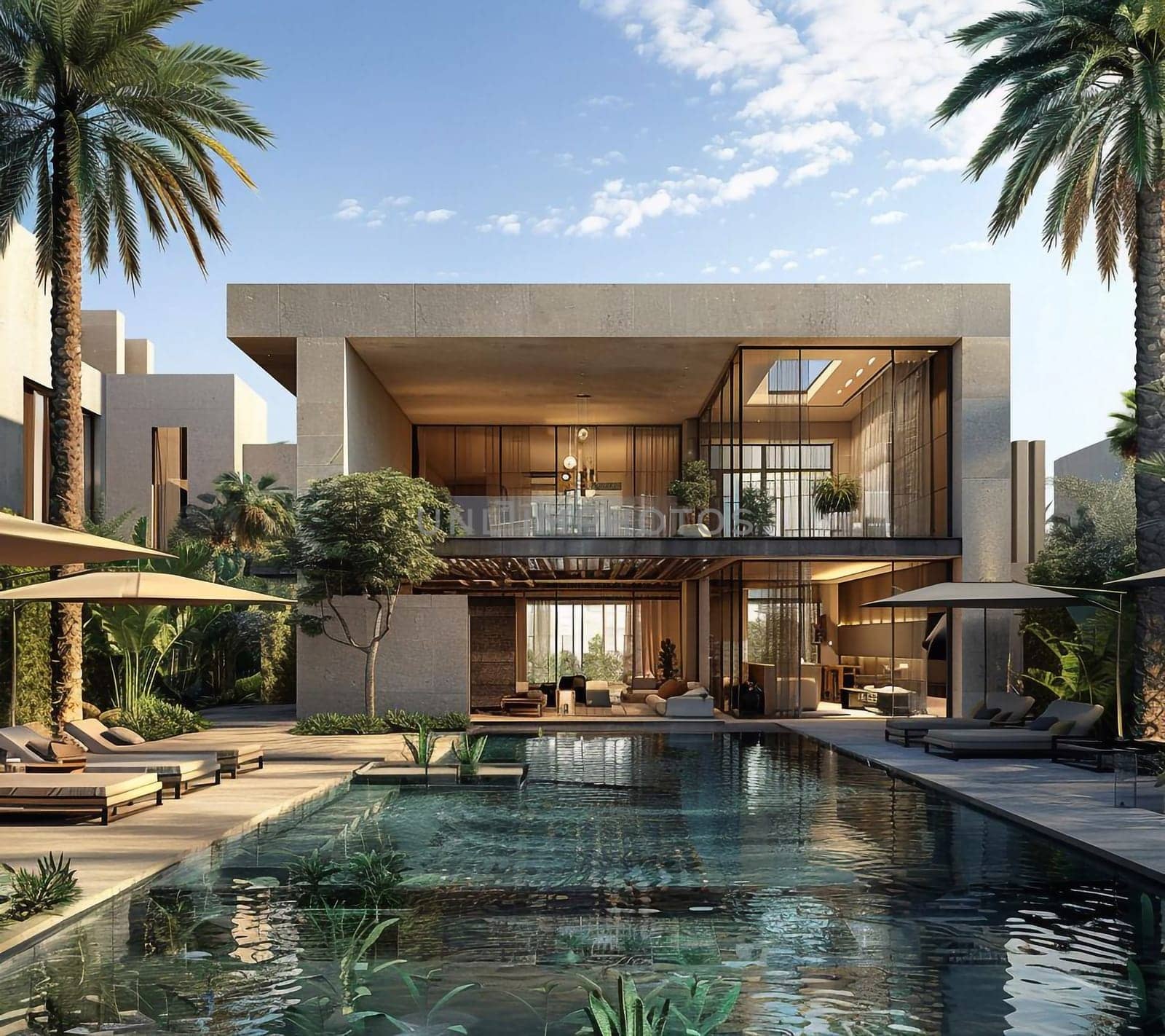 3D visualization of an elite house with a swimming pool. Beautiful facade of the house with a porcelain stoneware finish. Plot with landscaping. High quality photo