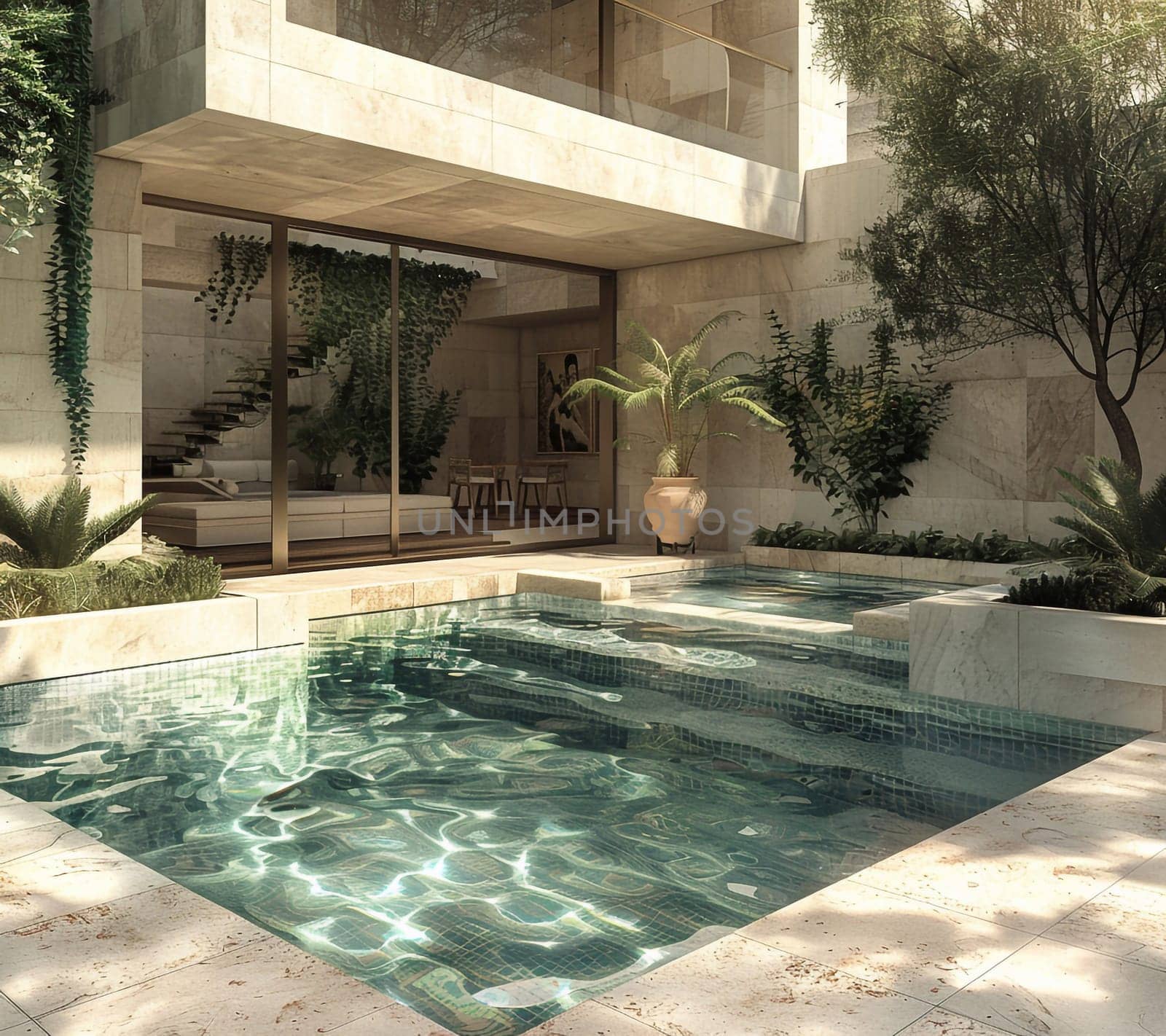 3D visualization of an elite house with a swimming pool. Beautiful facade of the house with a porcelain stoneware finish. Plot with landscaping. High quality photo