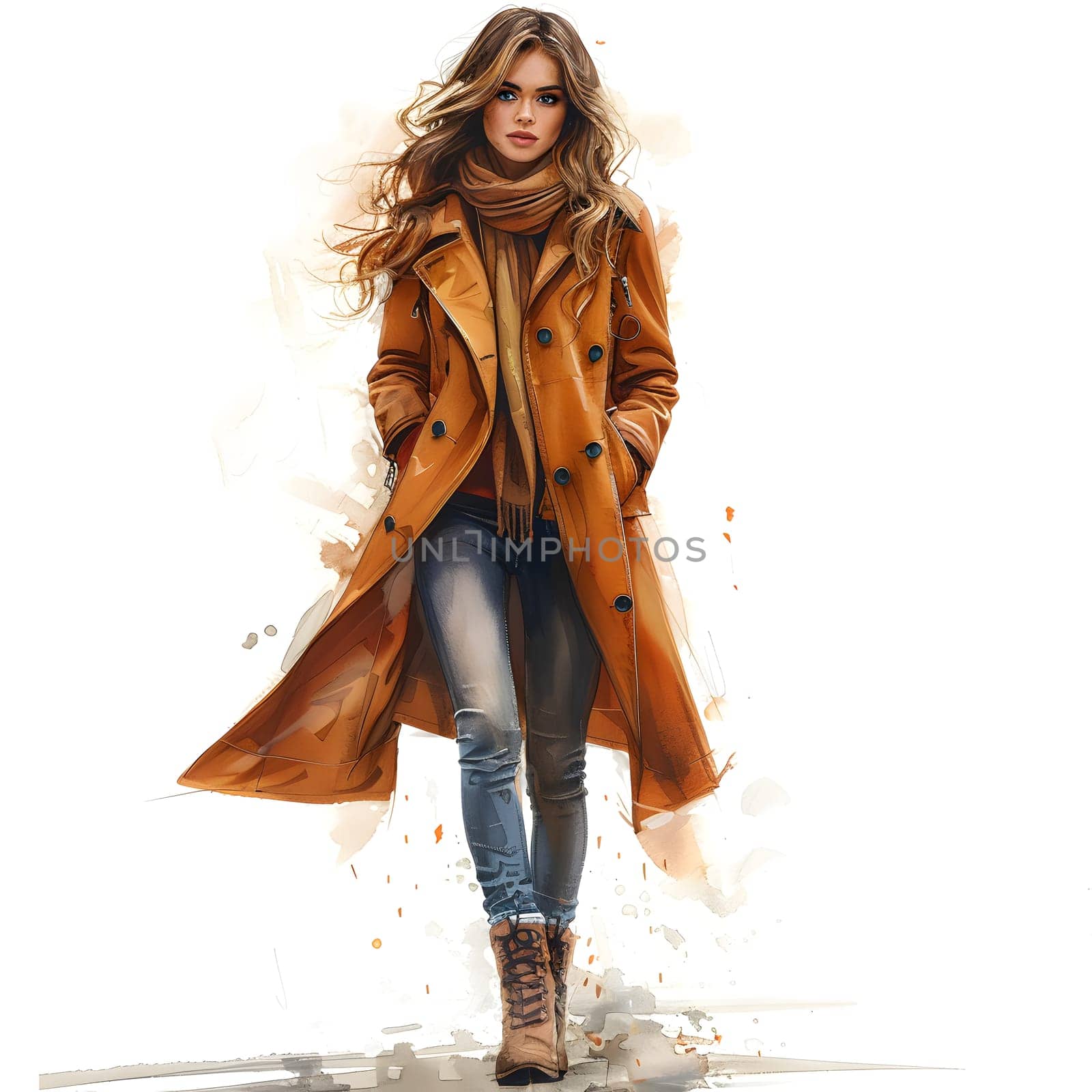 A woman with long hair is strutting in denim jeans and a stylish trench coat by Nadtochiy