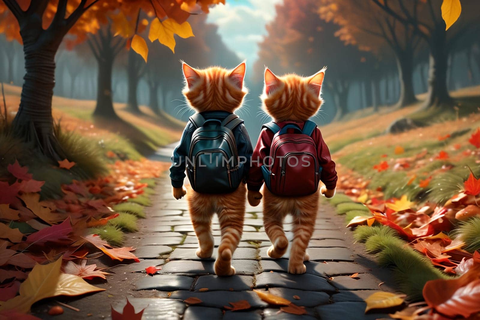 Cute cats students go to school with backpacks, autumn. AI generated image.