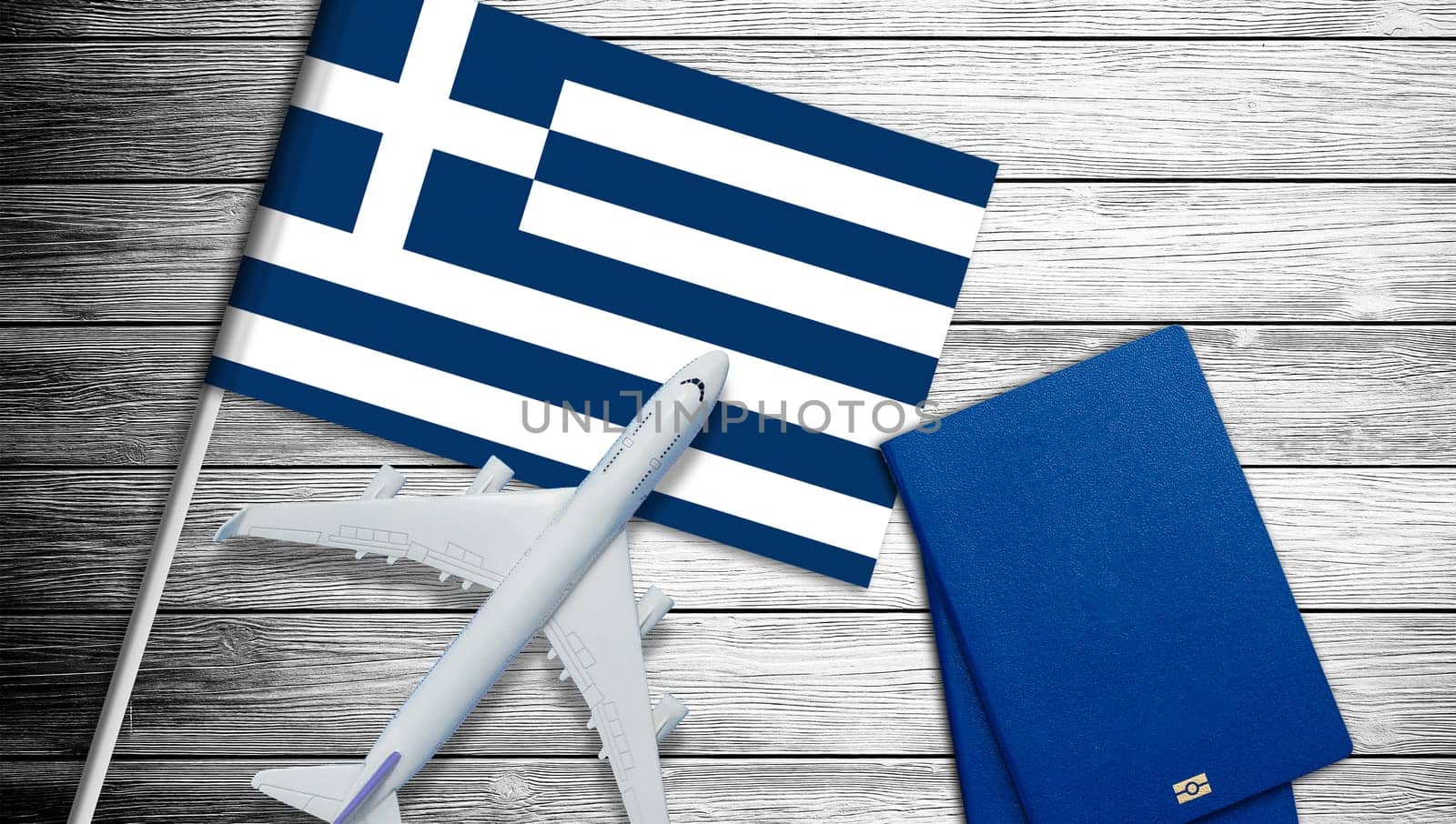 Illustration of a passenger plane flying over the flag of Greece. Concept of tourism and travel by Andelov13