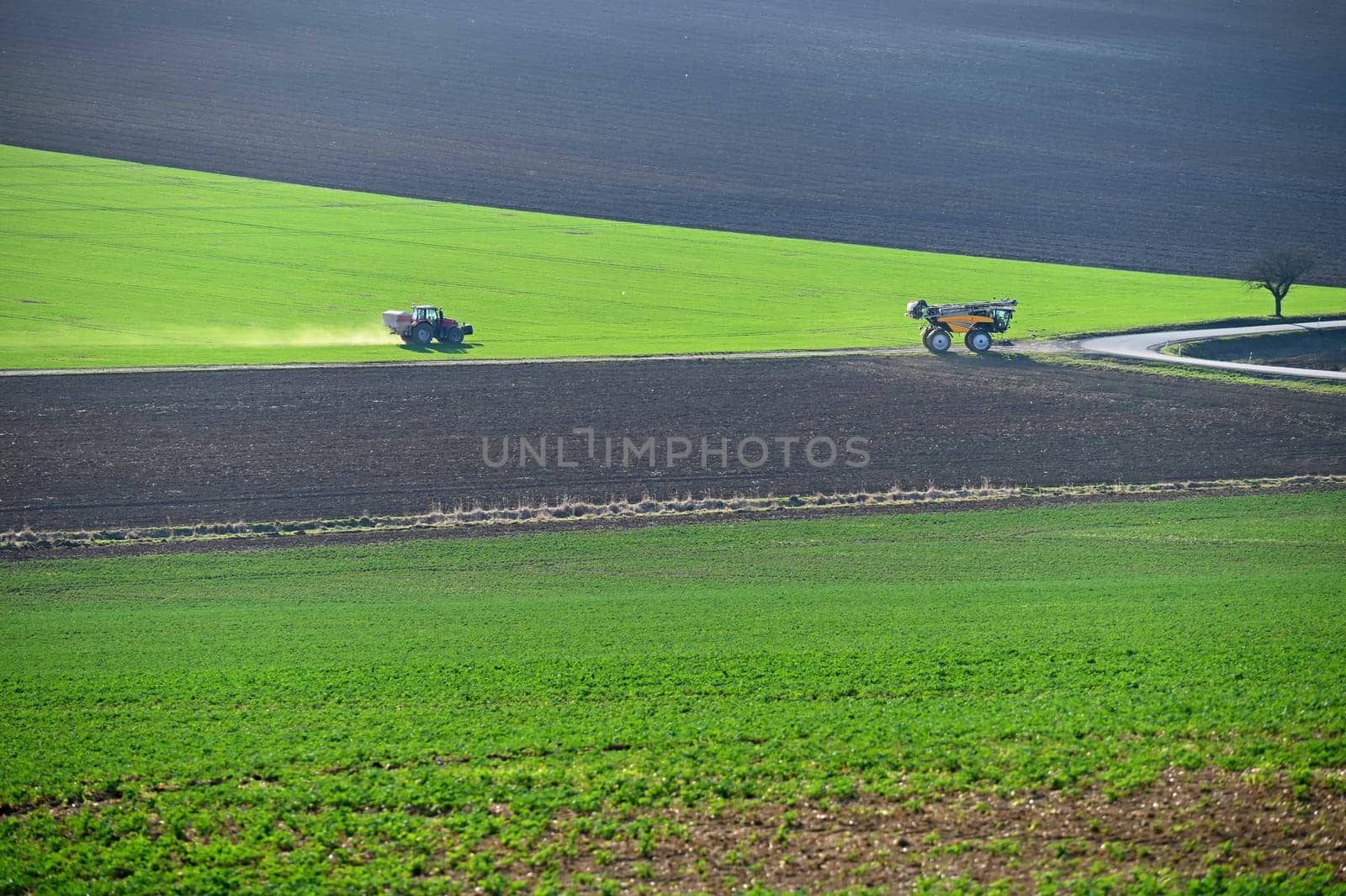 Tractor in the field in spring time. Green field in spring and work on cultivating the soil. Concept for agriculture. by Montypeter