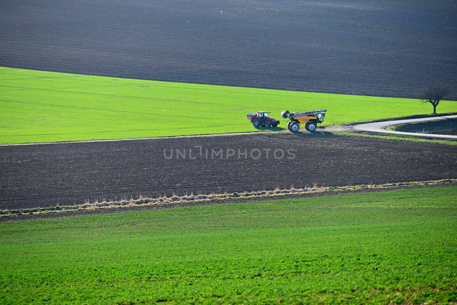 Tractor in the field in spring time. Green field in spring and work on cultivating the soil. Concept for agriculture. by Montypeter