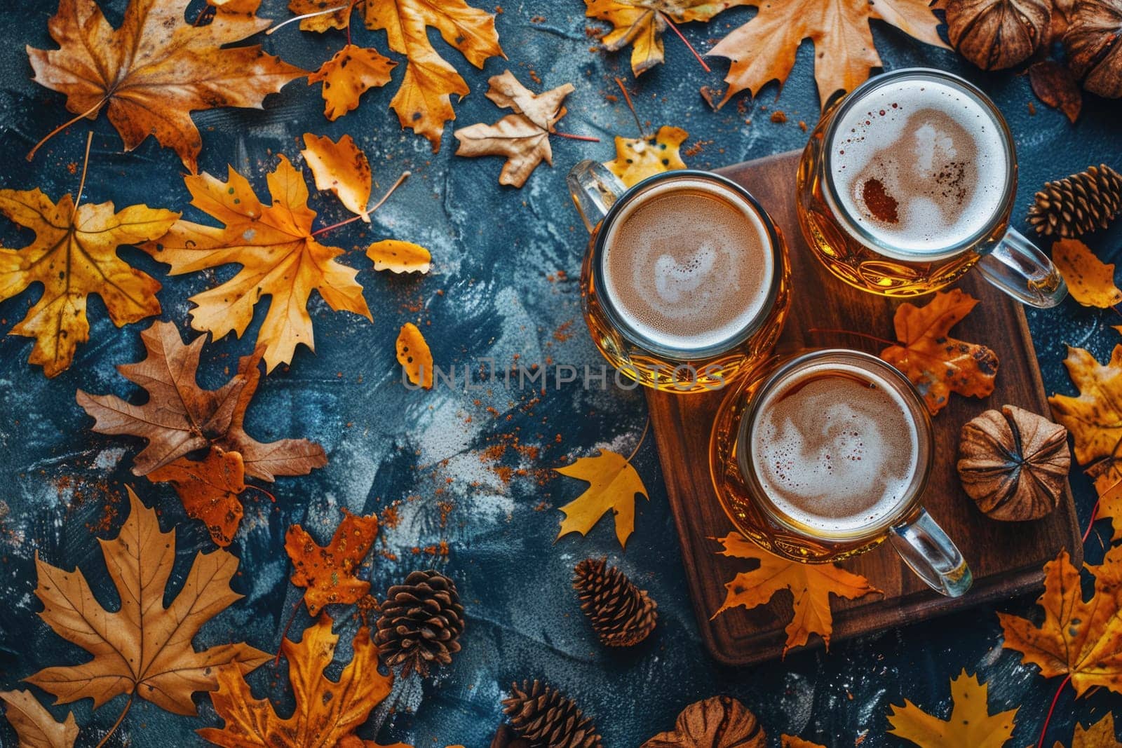Oktoberfest beer in mugs and food on wooden table, top view flat lay, ai generated