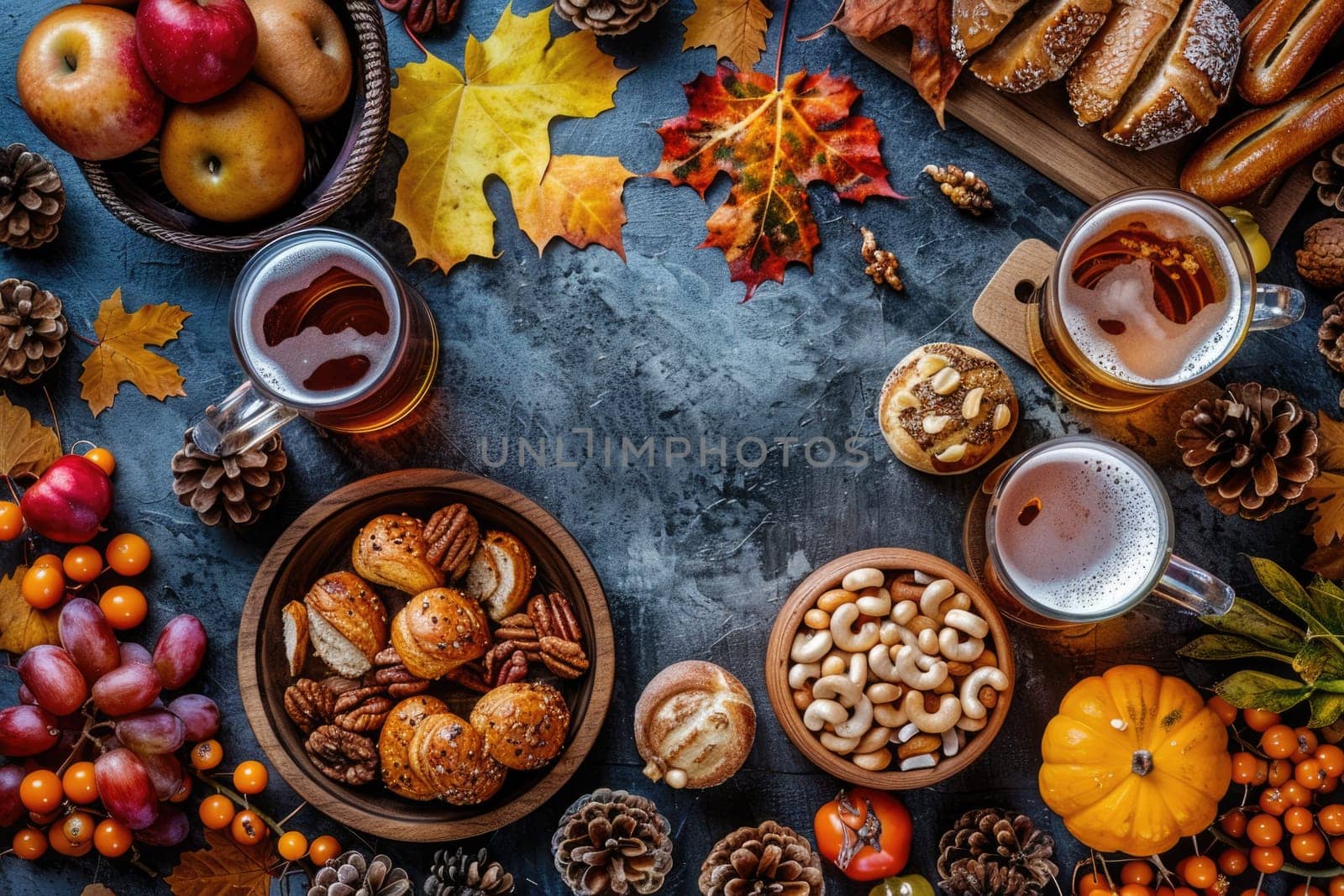 Oktoberfest beer in mugs and food on wooden table, top view flat lay, ai generated