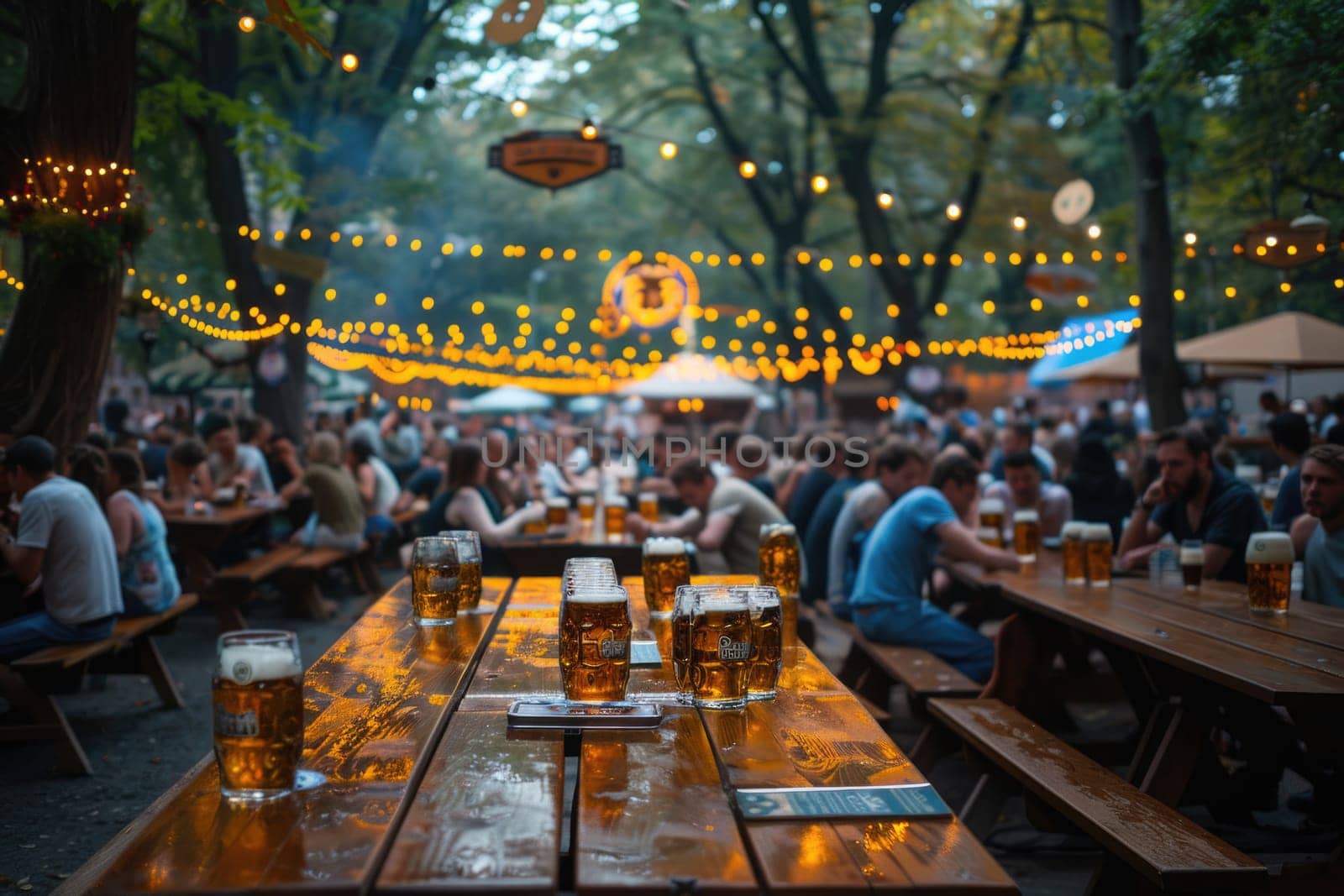 unrecognizable people holding Beer mugs with fresh pretzels sitting in pavilion at Oktoberfest, blurred for background use. ai generated