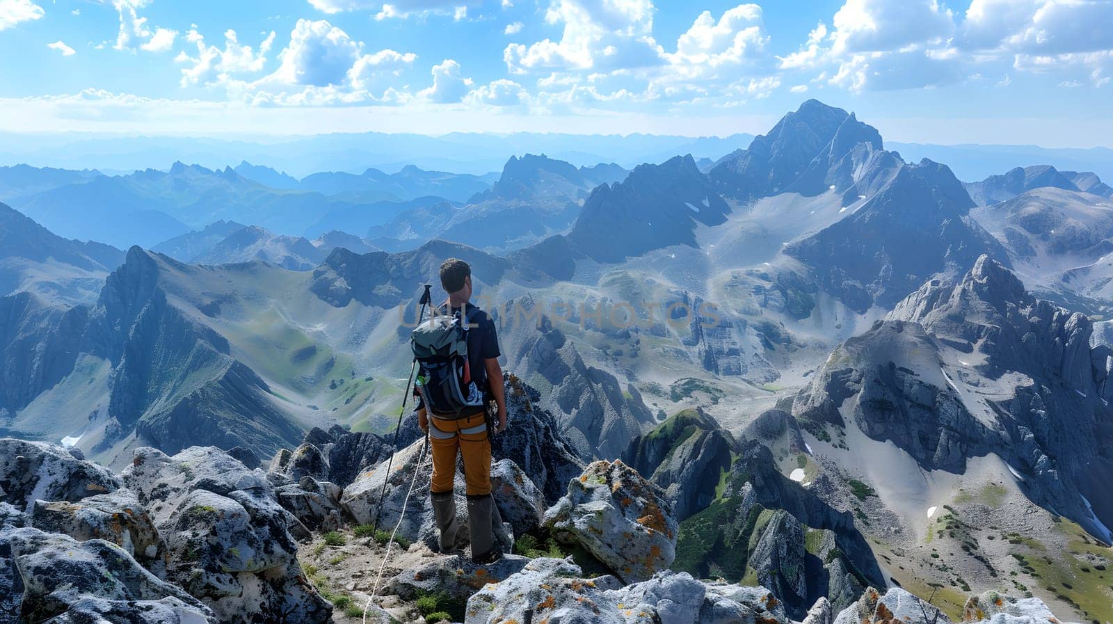 A traveler with a backpack enjoys the breathtaking view from the summit of a cloudcovered mountain in a pristine ecoregion, surrounded by mountainous landforms and a natural landscape