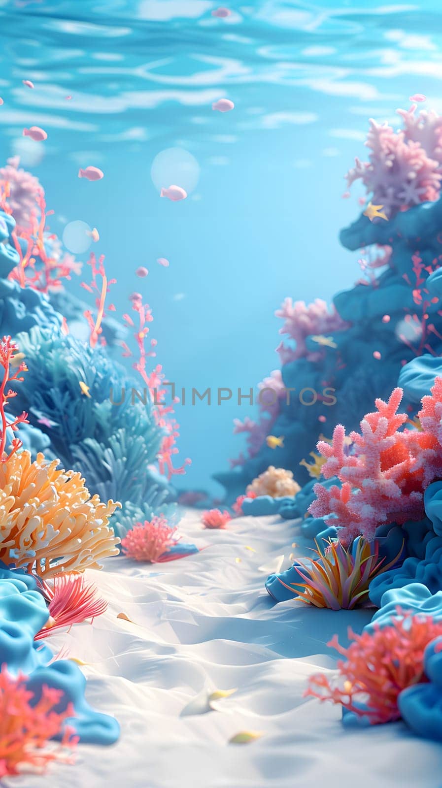 Underwater, the fluid blue water is home to various organisms such as coral, creating vibrant coastal and oceanic landforms in shades of pink, aqua, and more