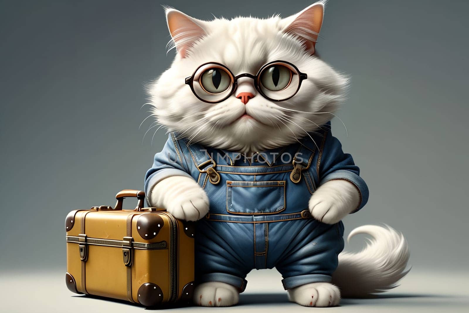 Beautiful cat with glasses and a suitcase, isolated on a light background. by Rawlik