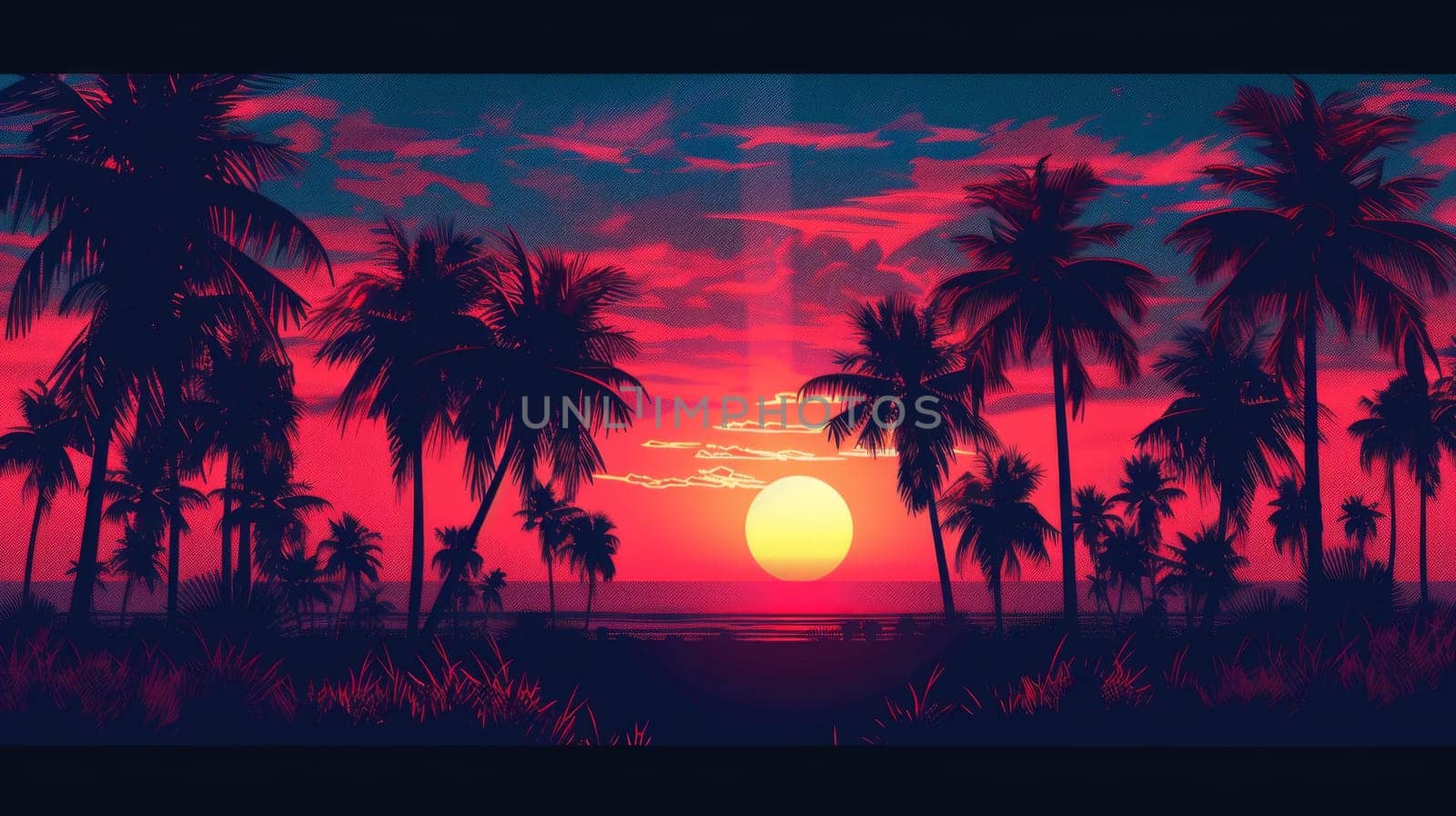Sunset scene of palm trees and red sky on idyllic tropical area.