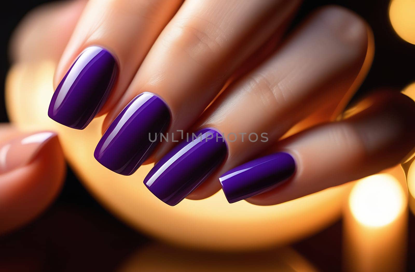 Close-up of a beautiful female hand with lilac nails on a dark blurred background of the spa salon. Conceptual hand care.