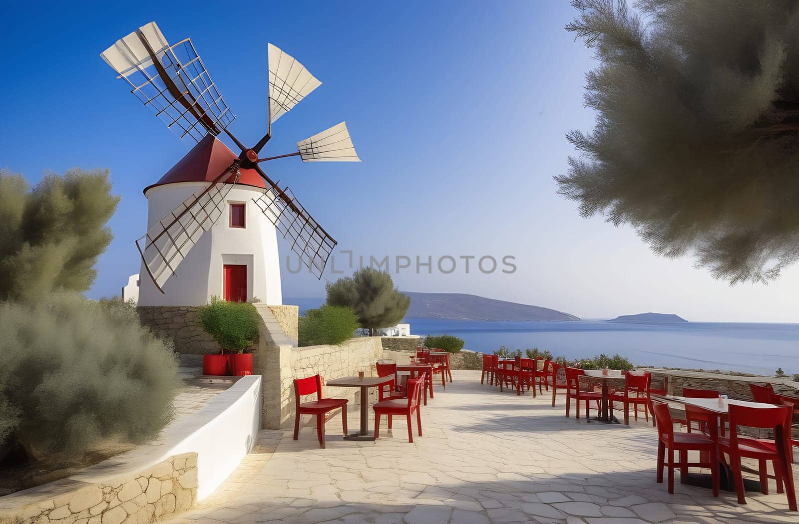 A picturesque coastal landscape with a windmill and a small outdoor cafe in a Greek resort by claire_lucia