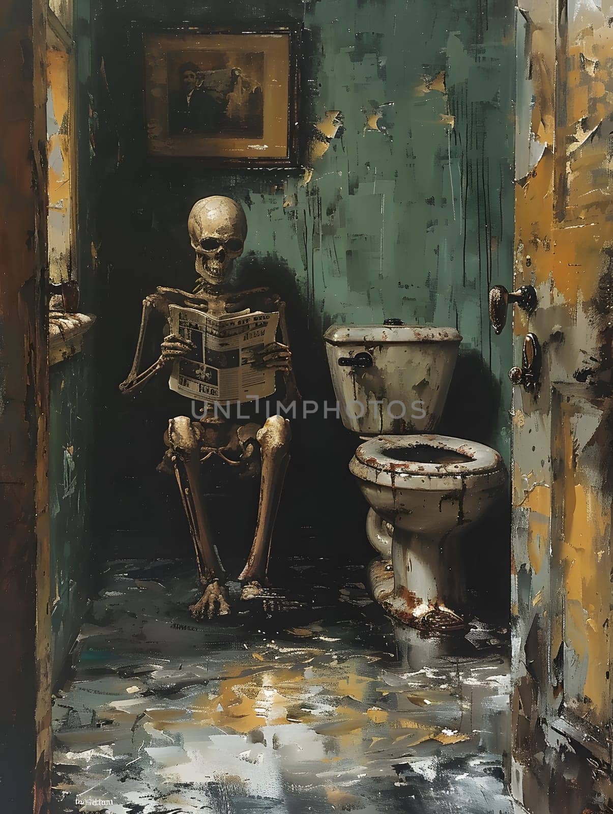 A dark and eerie painting of a skeleton artistically sitting on a wooden toilet, reading a newspaper. The water and building in the background add to the creepy visual arts of the piece