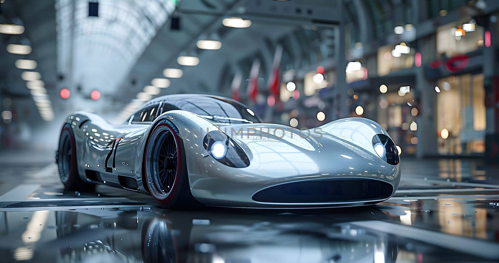 A sleek silver car with shining automotive lighting is speeding along a rainsoaked urban road