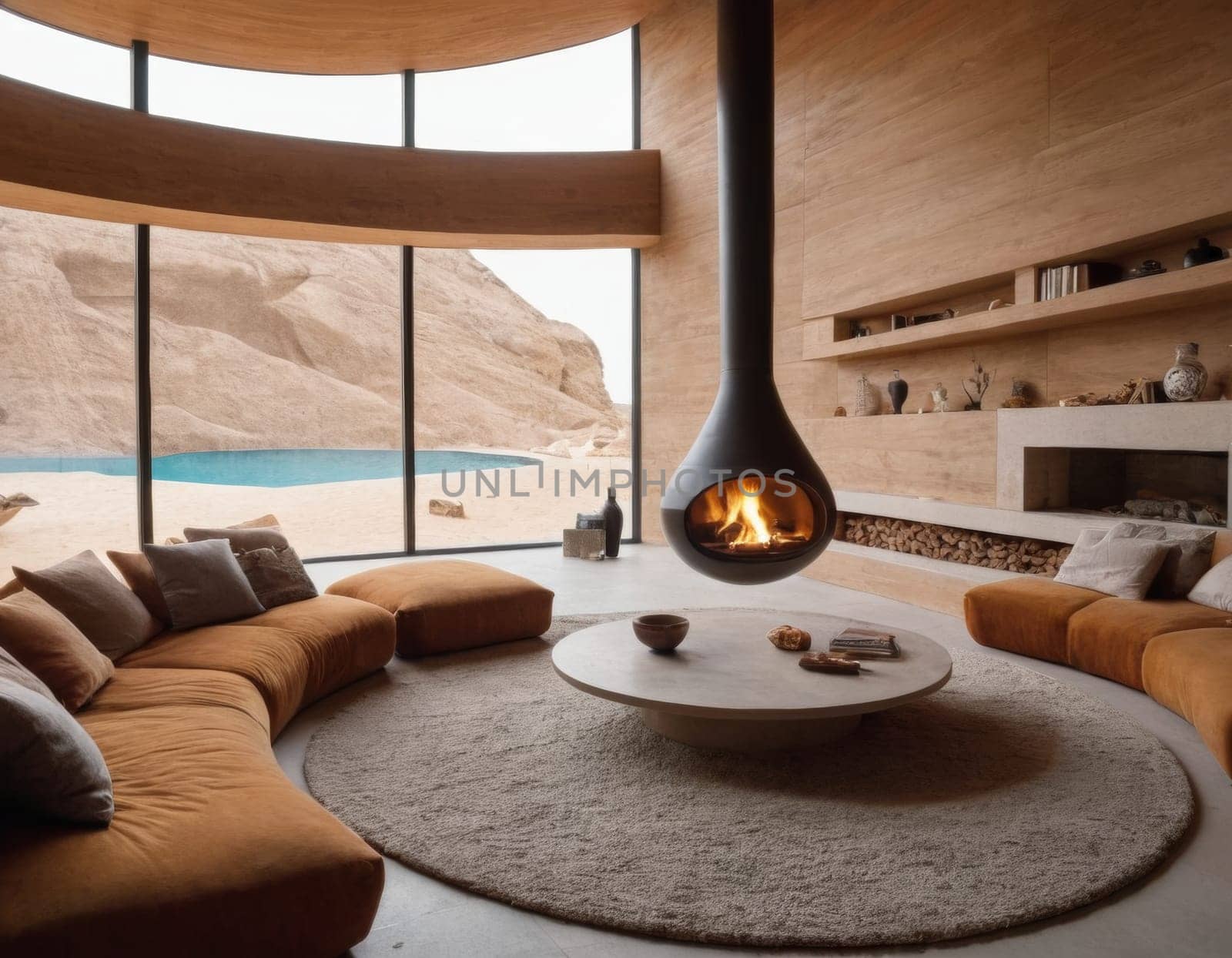 Eco-friendly living room interior in a minimalist house. AI generation