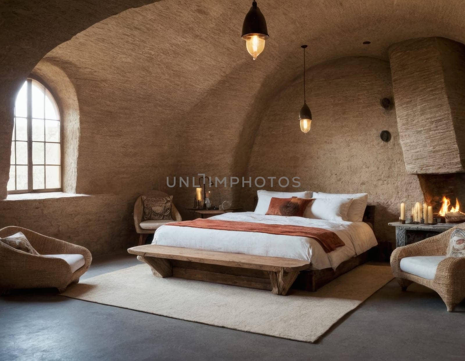 Bedroom interior made of stone. by vicnt