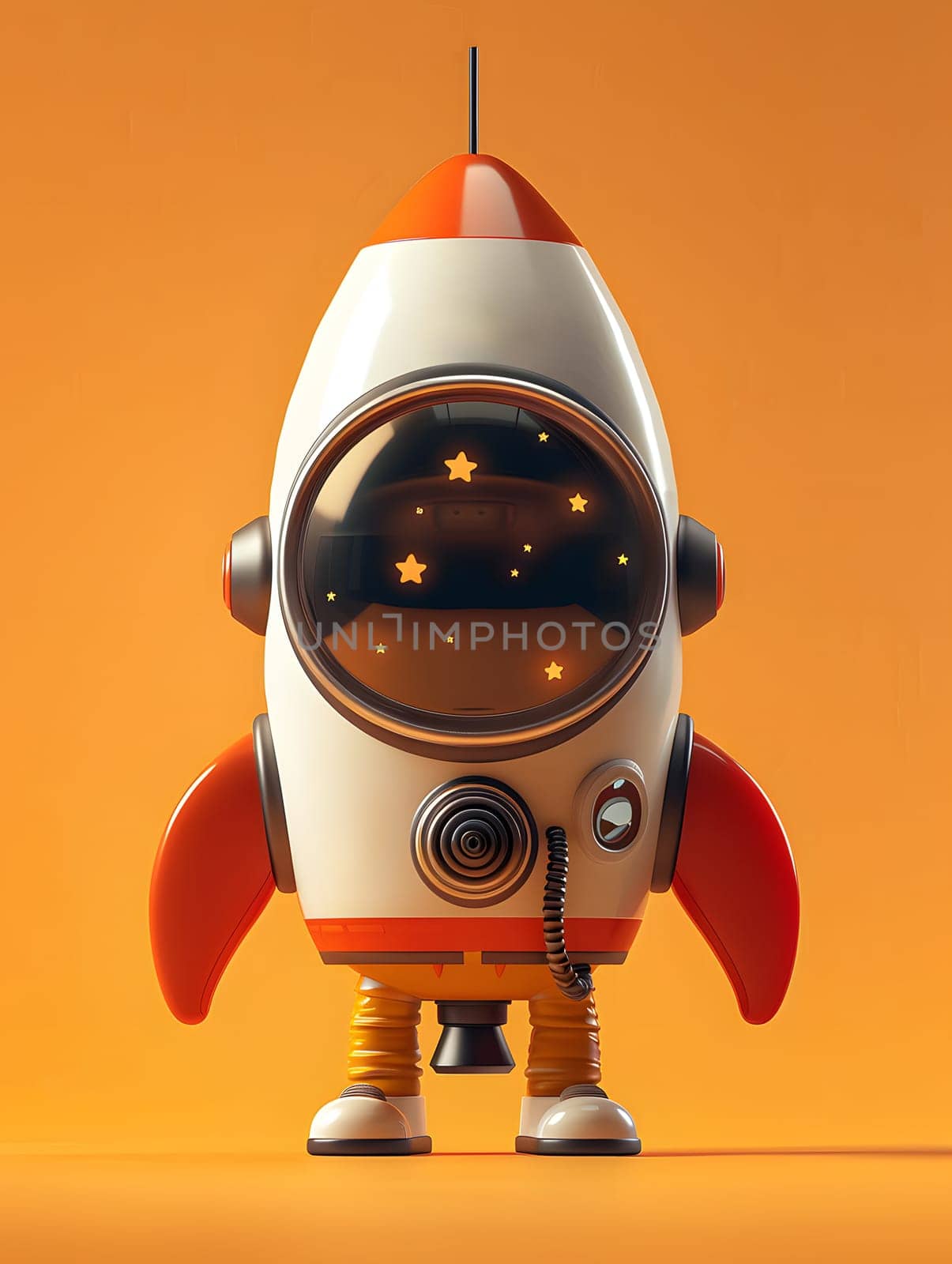 Toy rocket with helmet on, standing on orange background by Nadtochiy