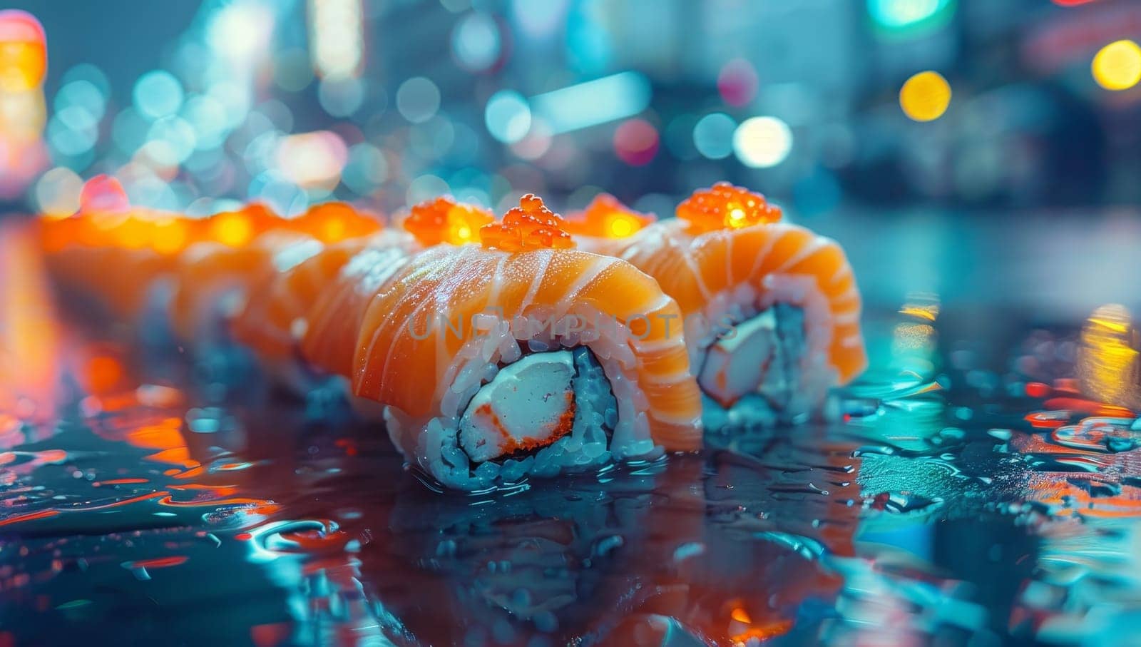Sushi Roll Adorned with Red Caviar on Reflective Surface