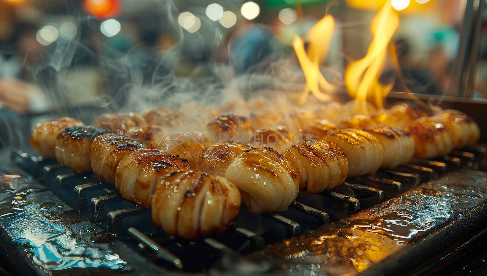 Sizzling Grilled Sausages at Night Street Food Market by ailike