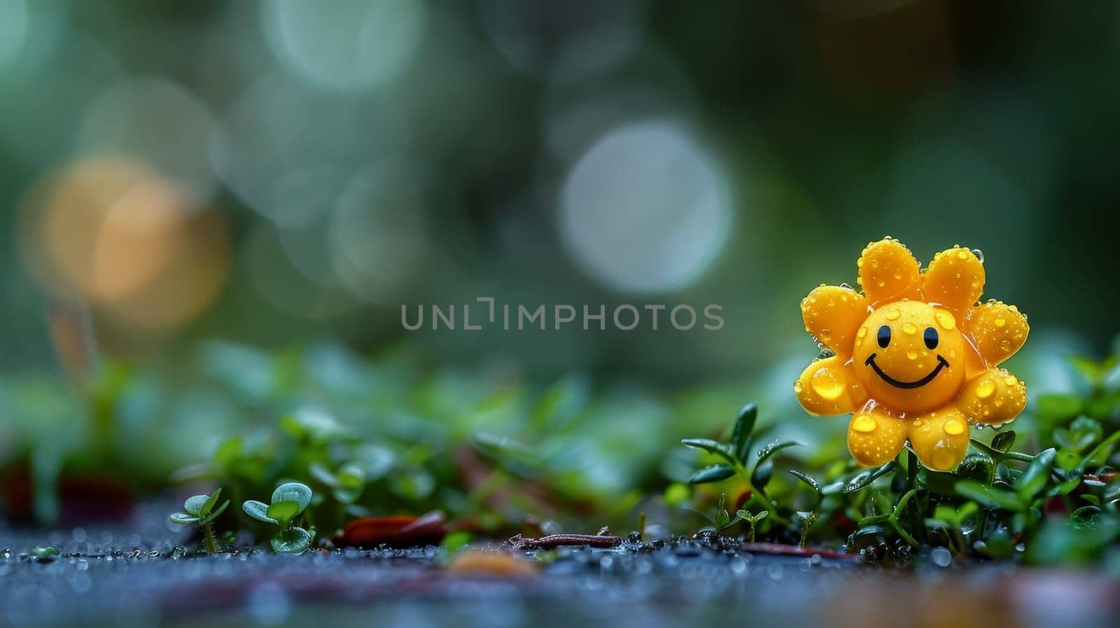 Smiling Yellow Flower with Dew on Green Foliage