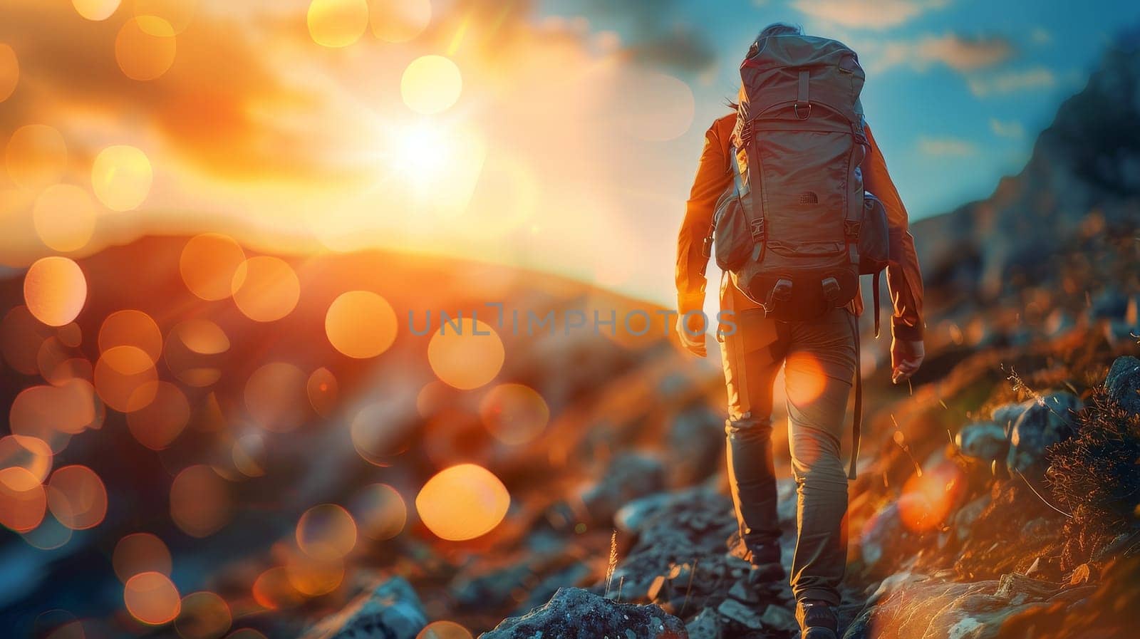 Hiker with backpack on the top of a mountain at sunset.