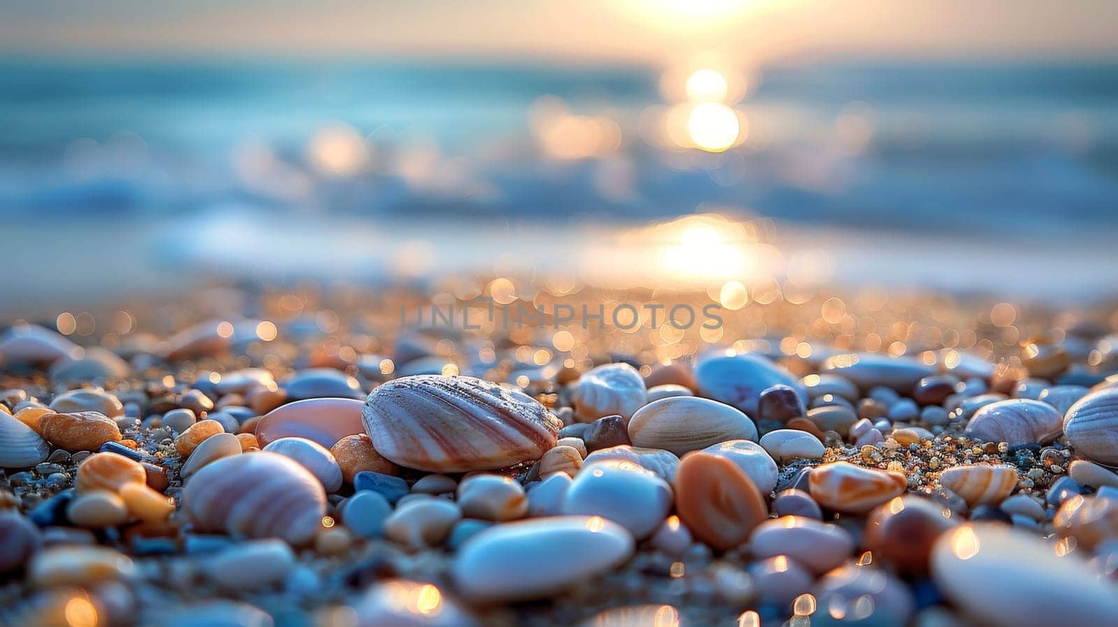 Seashells and pebbles on the beach at sunset by ailike