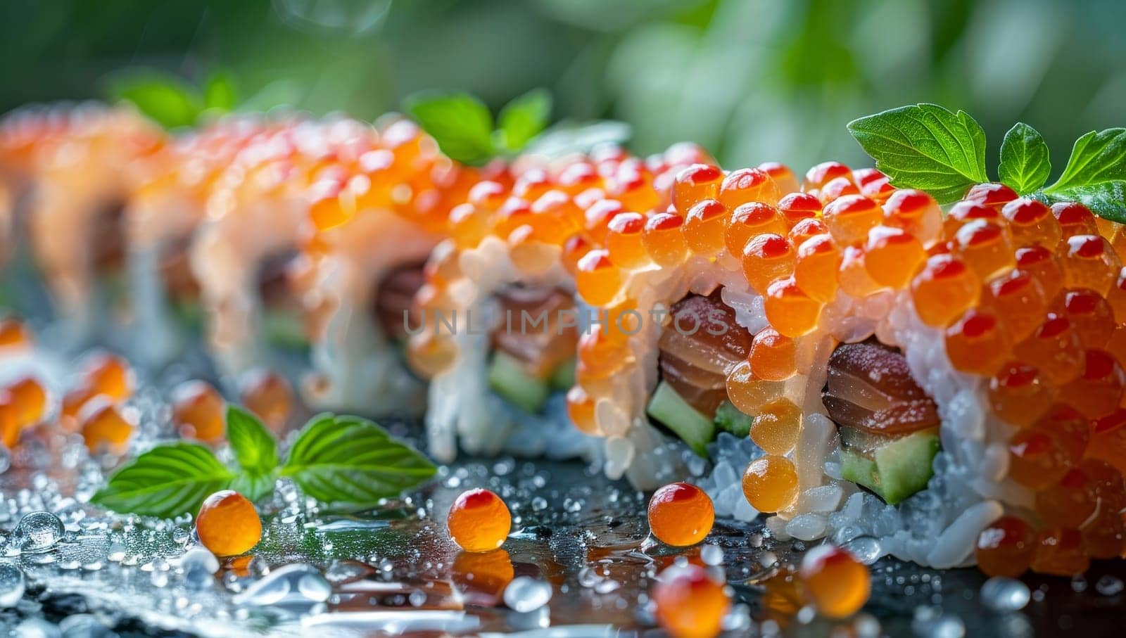Sushi roll with salmon, avocado and caviar on a dark background