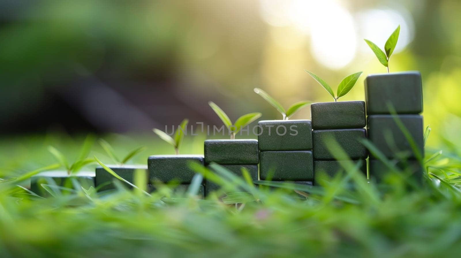 Conceptual image of growing green tree on green grass background.