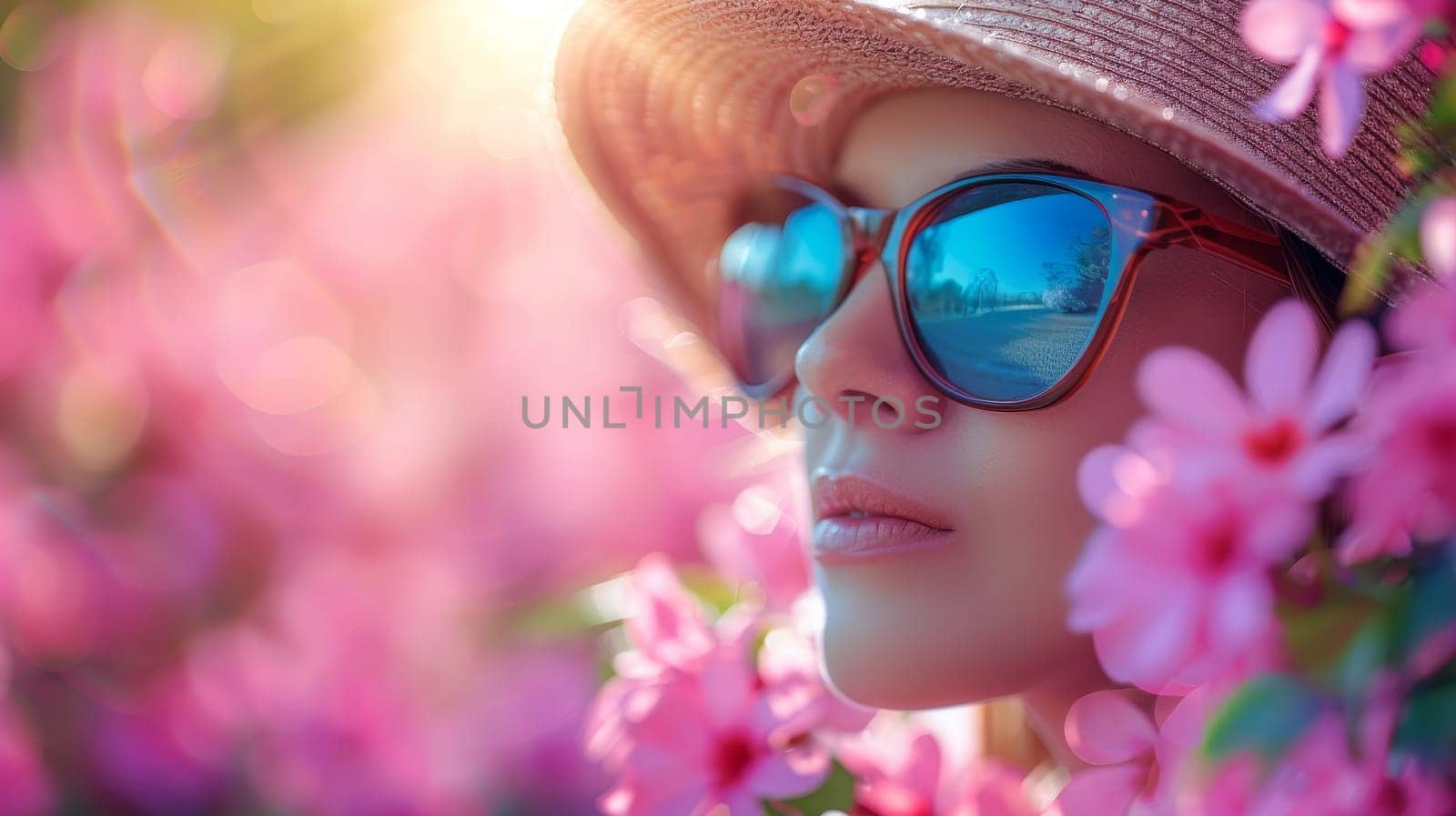 Beautiful Girl in Hat and Sunglasses Amidst Pink Flowers by ailike