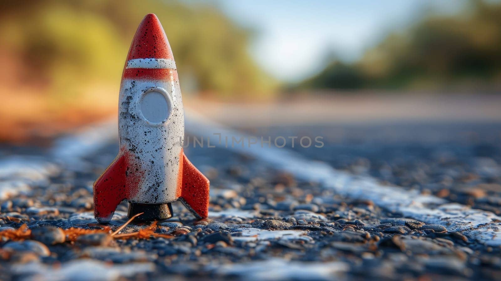 Rocket on the road in the countryside. Concept of business and success.