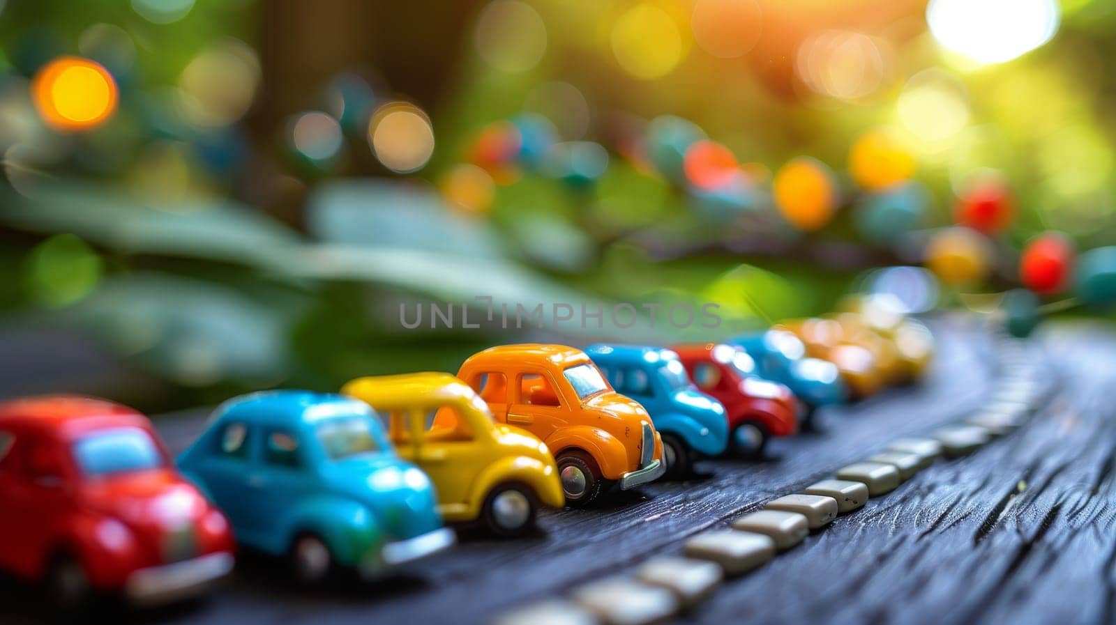 Colorful toy cars on wooden table with green bokeh background