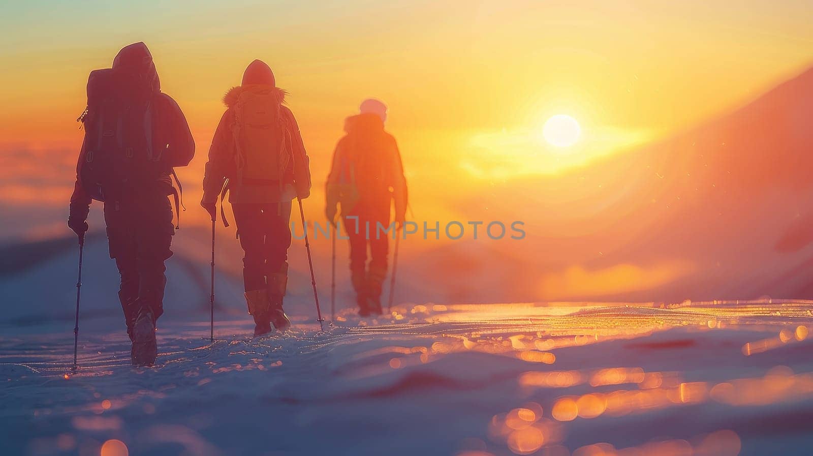 Trekking Trio Navigating Snowy Mountain at Sunset by ailike