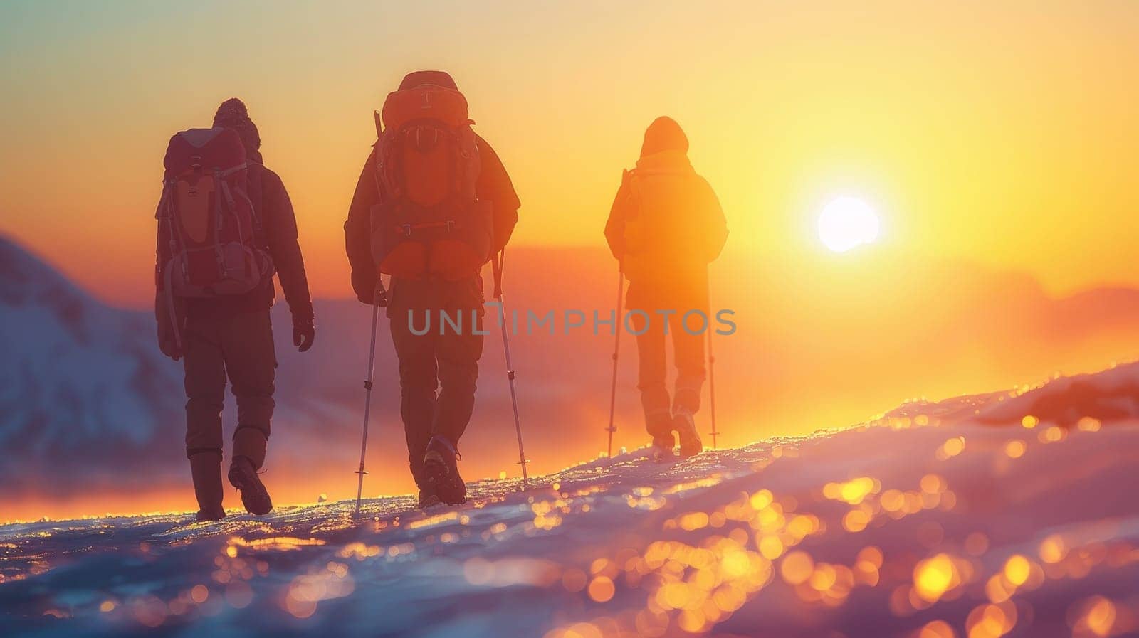 Hiker in winter mountains at sunset. Travel and adventure concept.