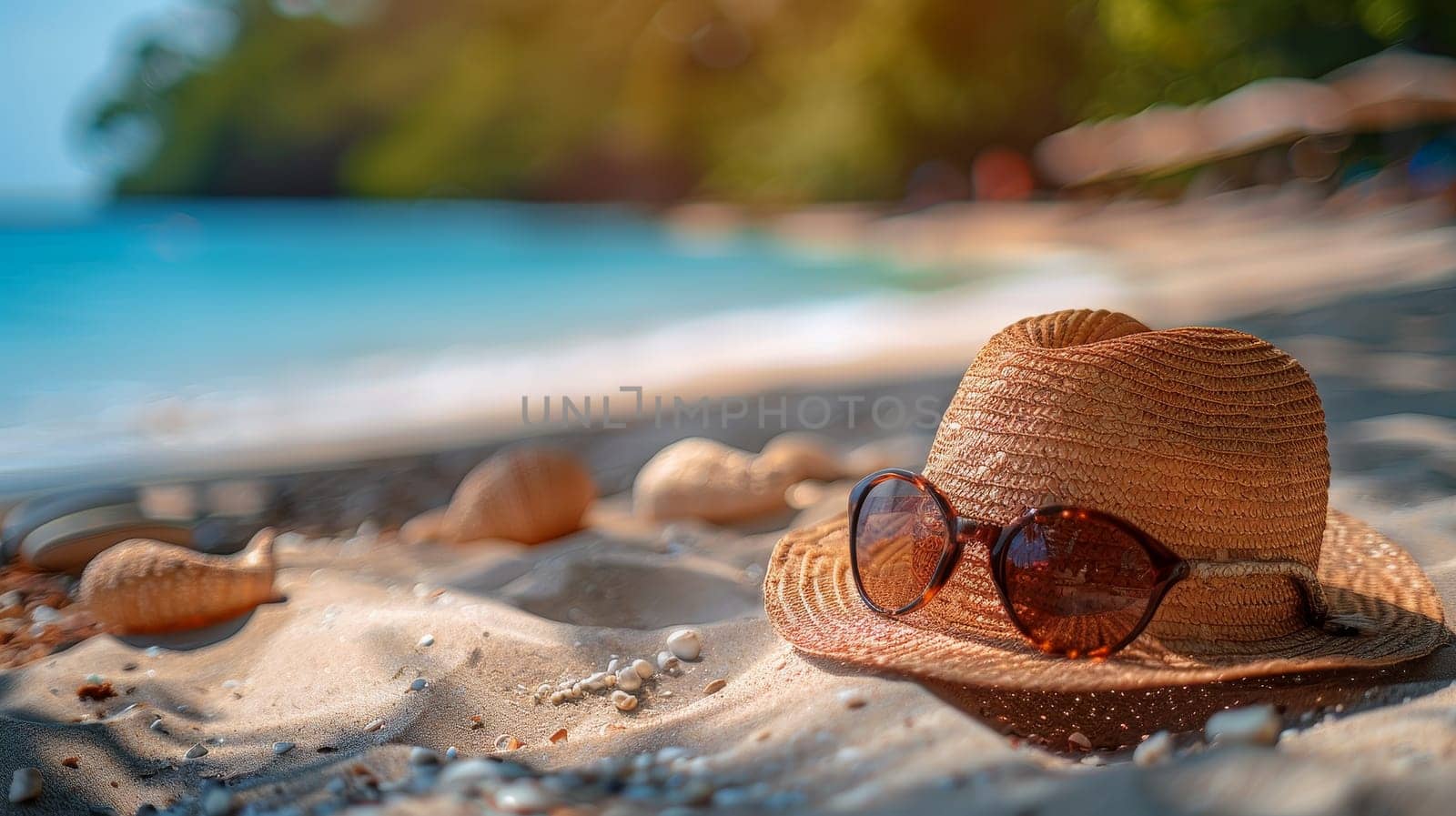 Straw hat and sunglasses on a sunny beach by ailike