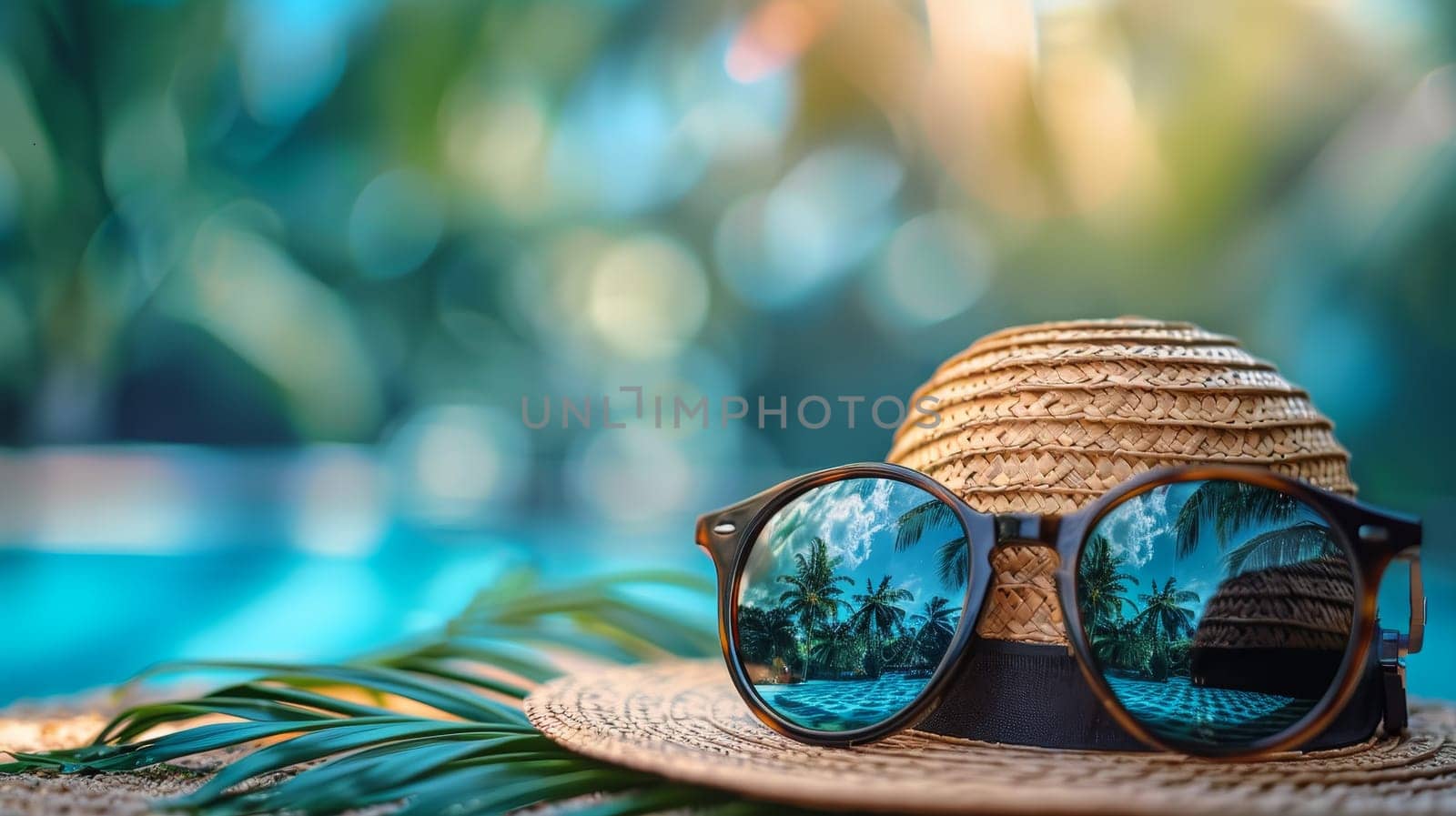 Straw hat and sunglasses with palm leaves on a beach background.