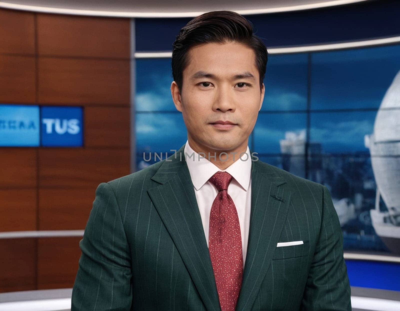 An image of an Asian daily news anchor in a television studio. AI generation