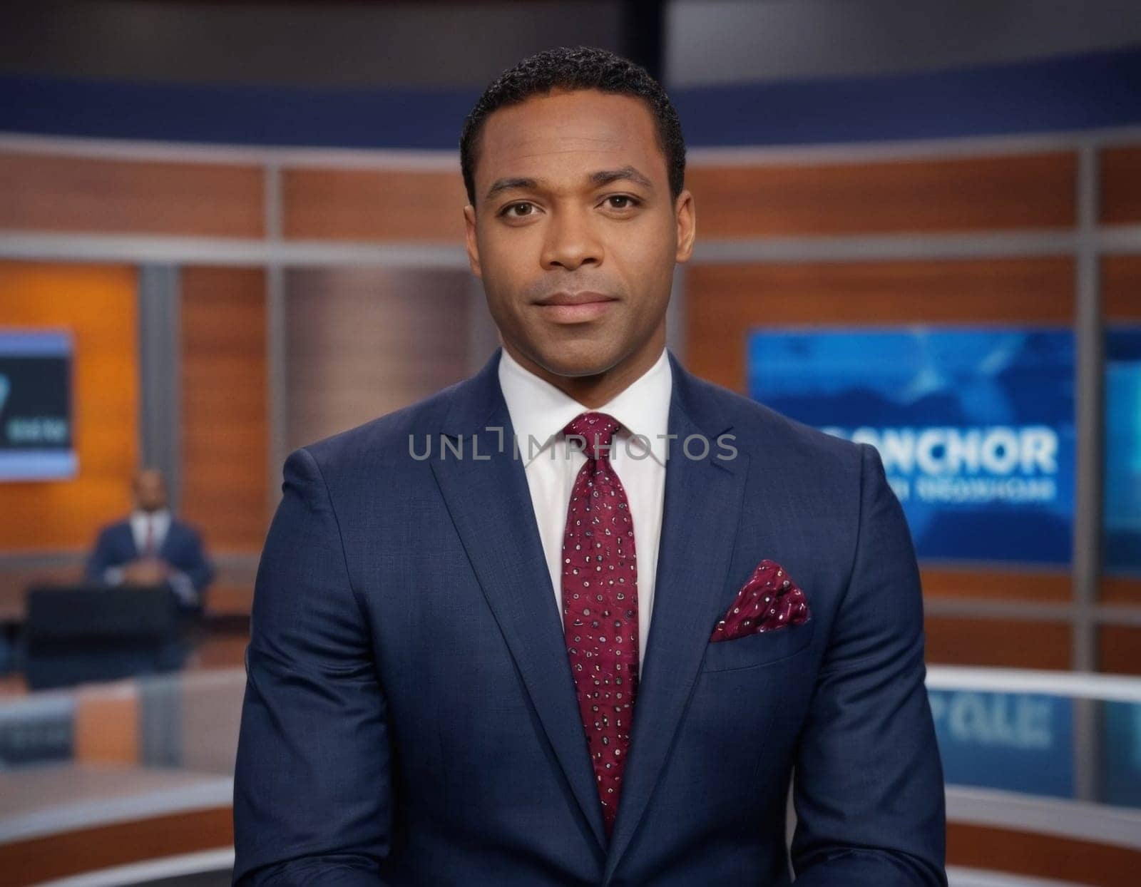 Image of an African American male anchor in a daily news television studio. AI generation
