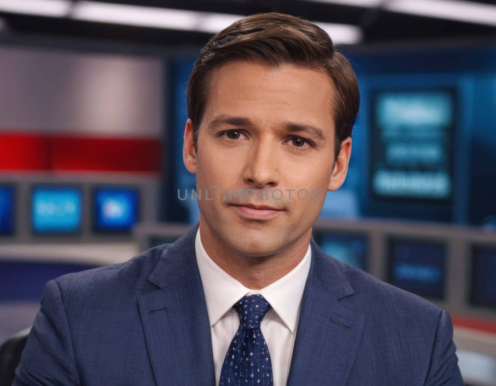 Image of male anchor in a daily news television studio. AI generation