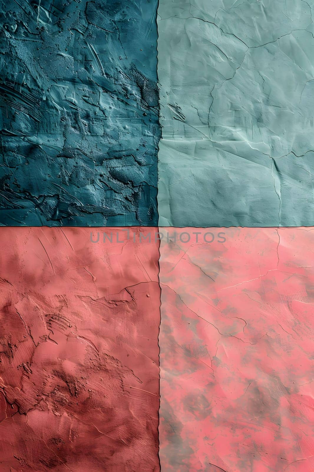 A closeup of four crumpled papers in different colors magenta, electric blue, wood, and peach. Each paper showcases unique tints and shades, creating a beautiful pattern