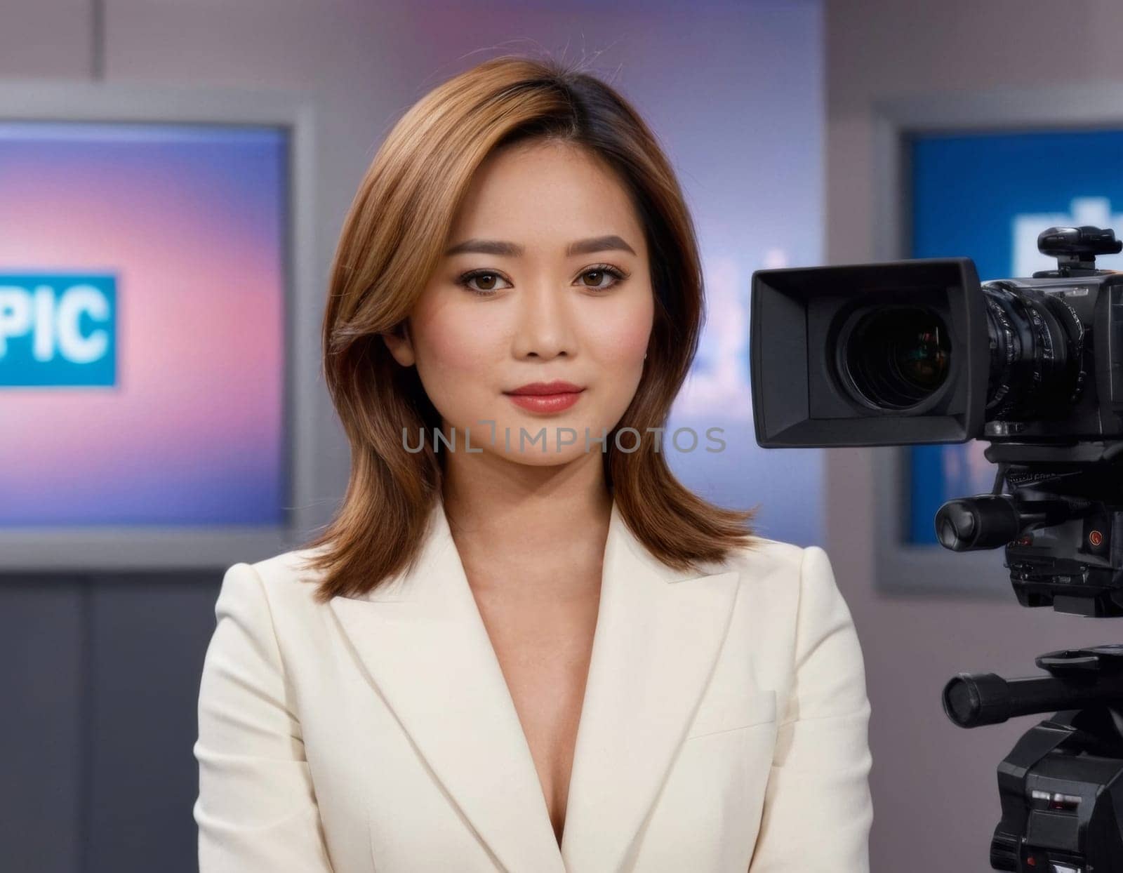 Asian woman daily news anchor. AI generation