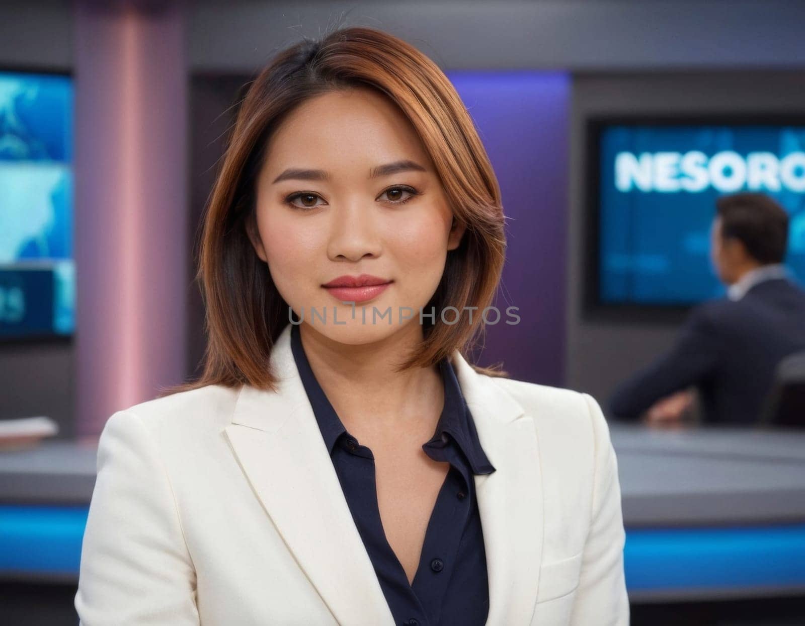 Asian woman daily news anchor. AI generation