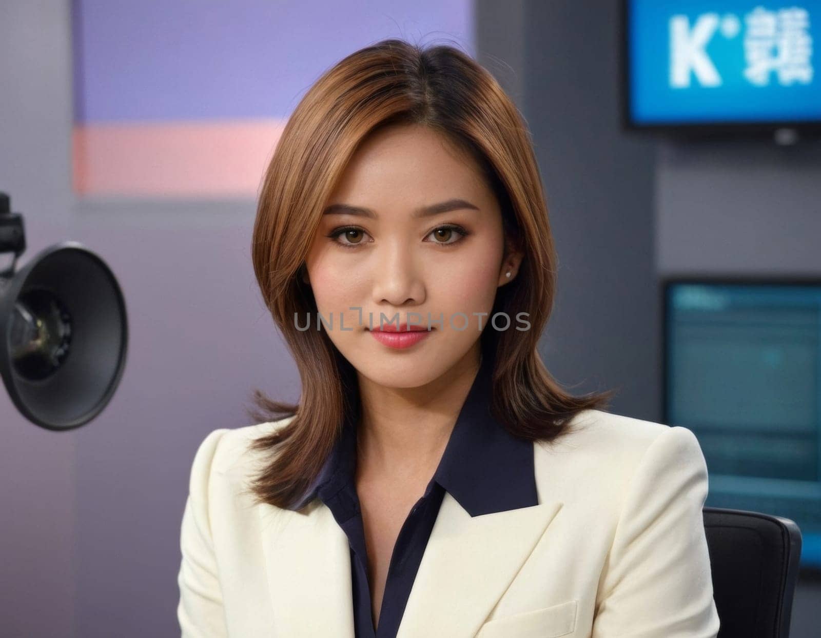 Asian woman daily news anchor. AI generation