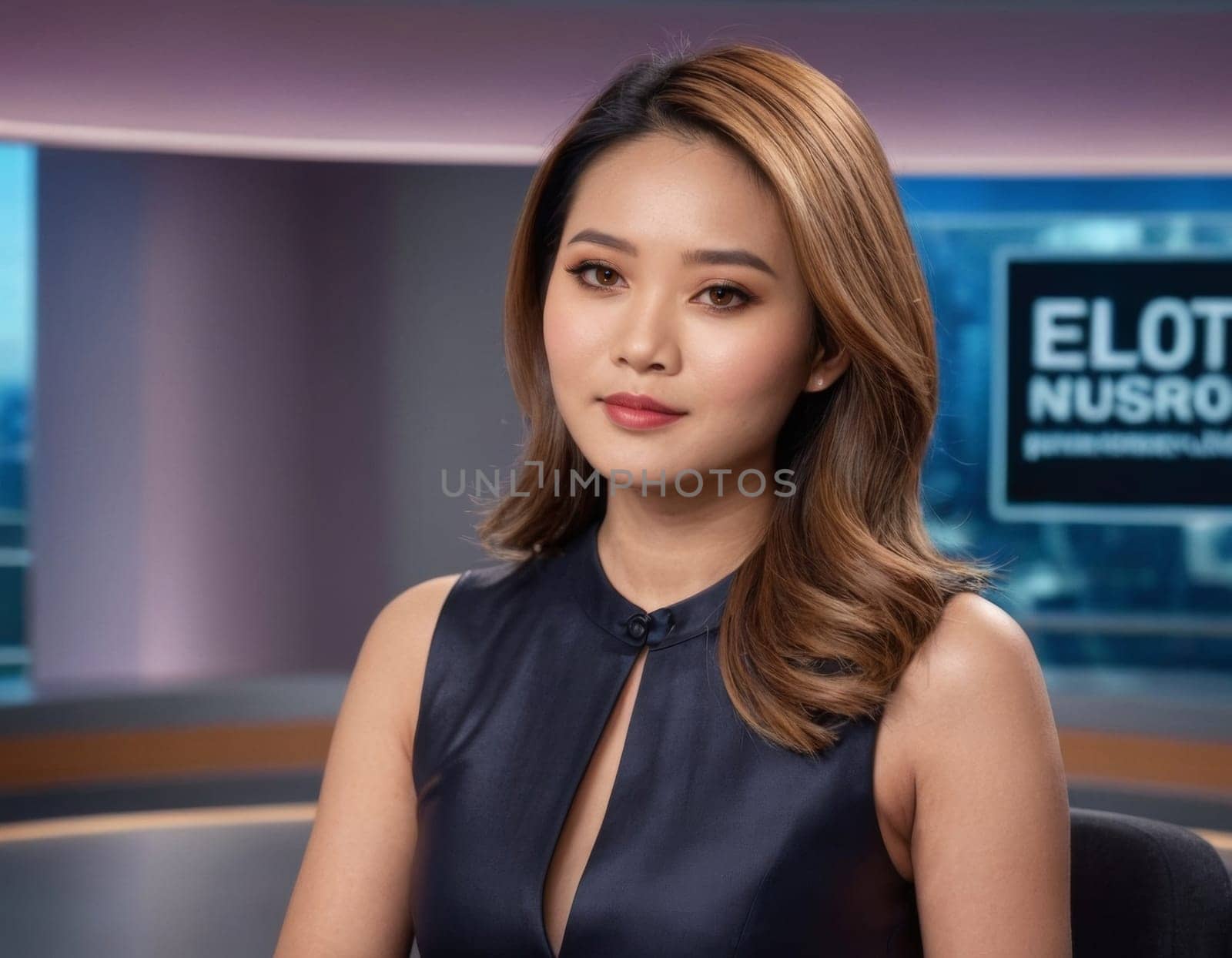 Asian woman daily news anchor. AI generation