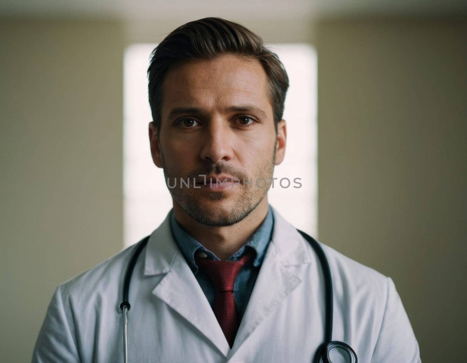 Portrait of a male doctor in a white coat. Generation of AI.