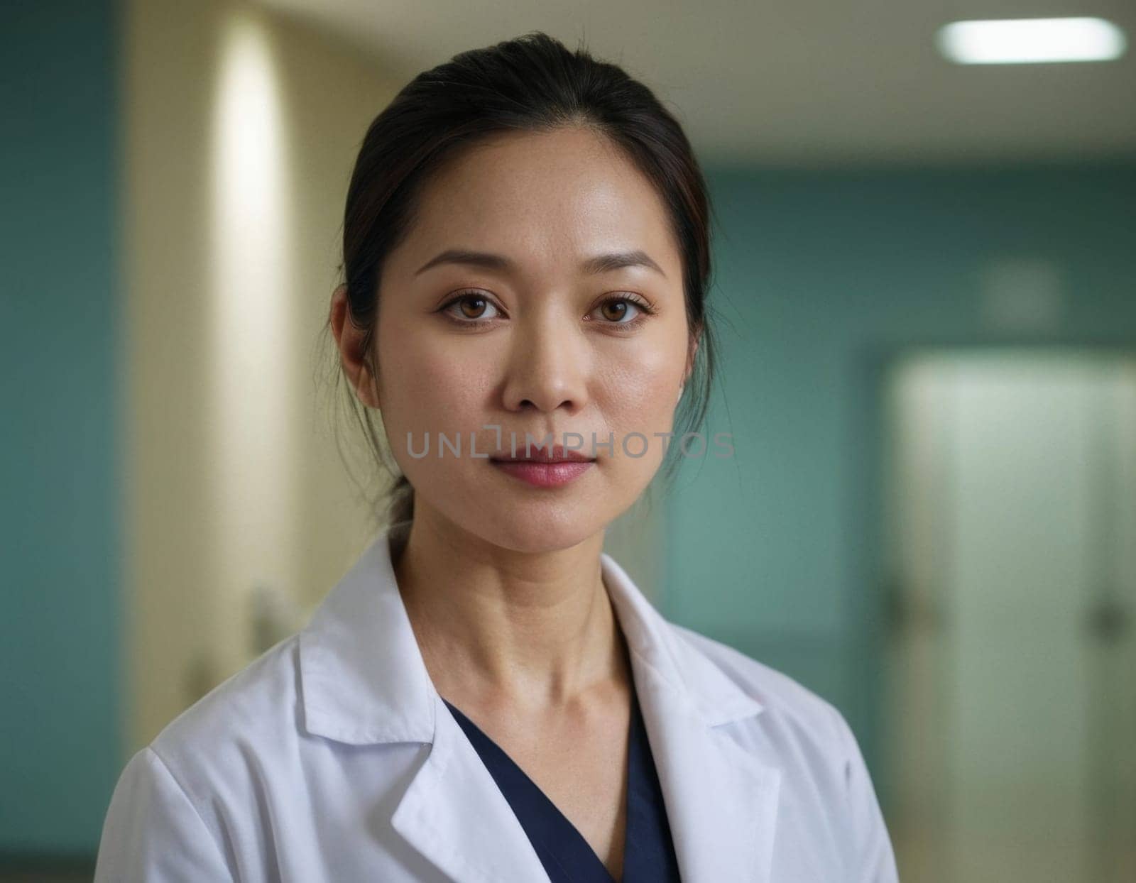 Asian female doctor in a white coat in the hospital. AI generation